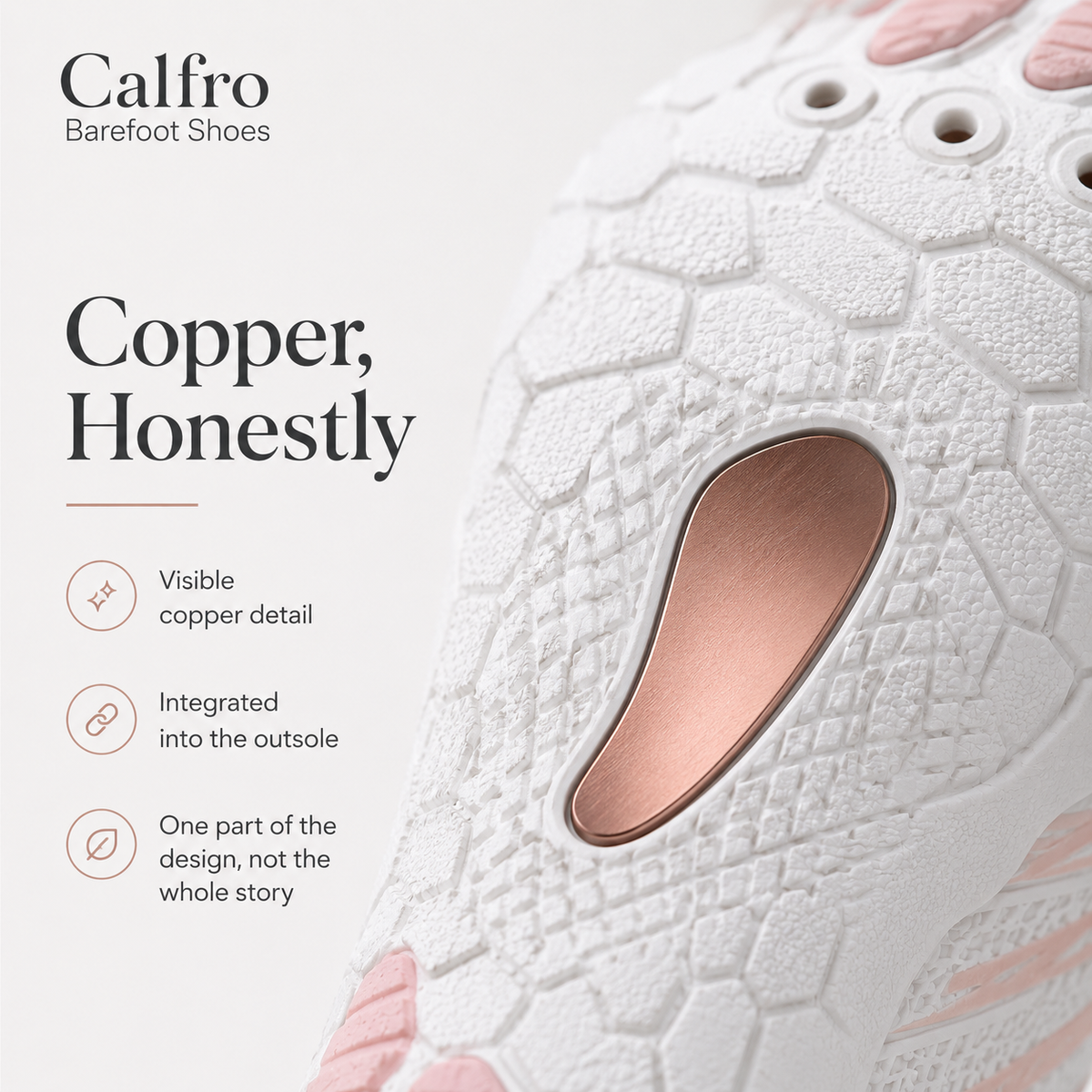 Calfro outsole copper detail integrated into the barefoot shoe sole