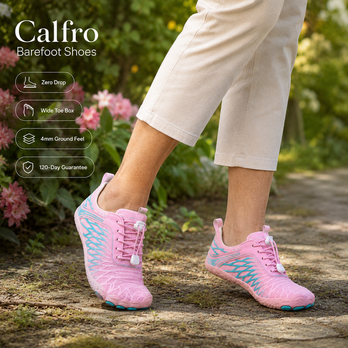 Older woman wearing pink Calfro barefoot shoes on a garden path